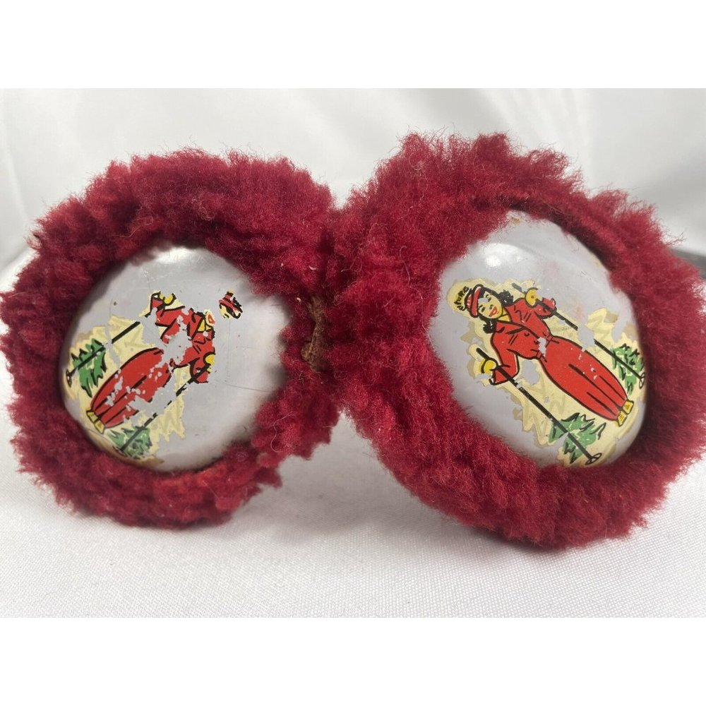 VINTAGE Red Shearling Type With Adjustable Metal Head Band Ear Muffs Women Teen